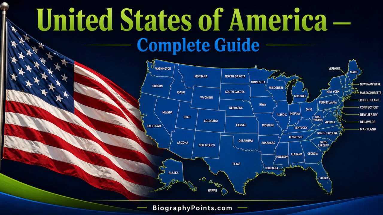 United States of America country profile showing flag and map of all 50 states