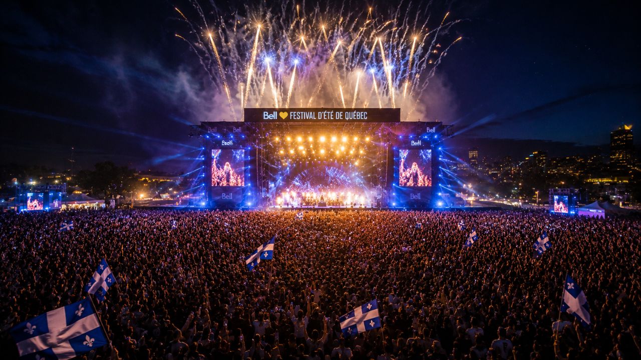 Massive outdoor concert crowd celebrating F&ecirc;te Nationale du Qu&eacute;bec at Parc Maisonneuve Montreal