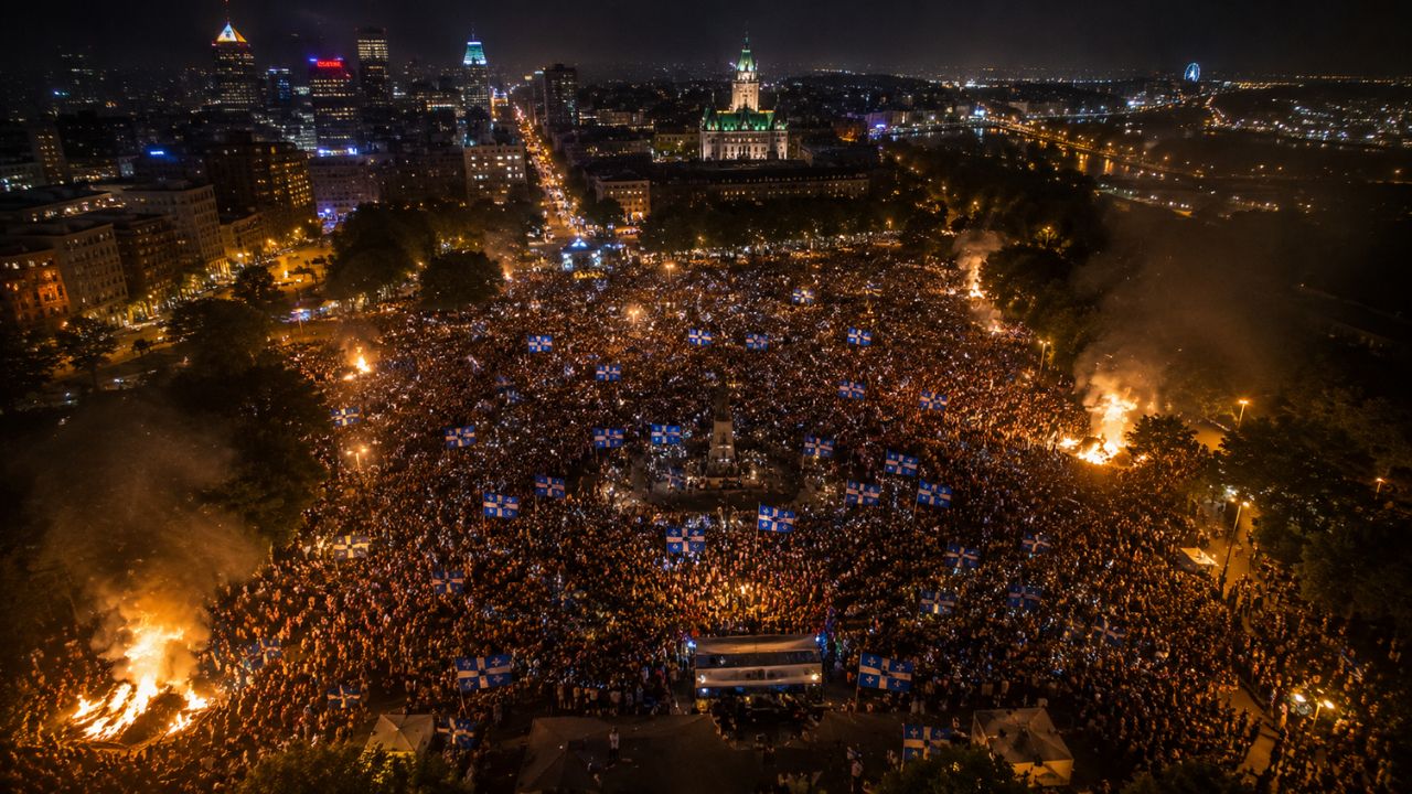 Fête Nationale du Québec celebrations with bonfires and crowd gathering in Quebec