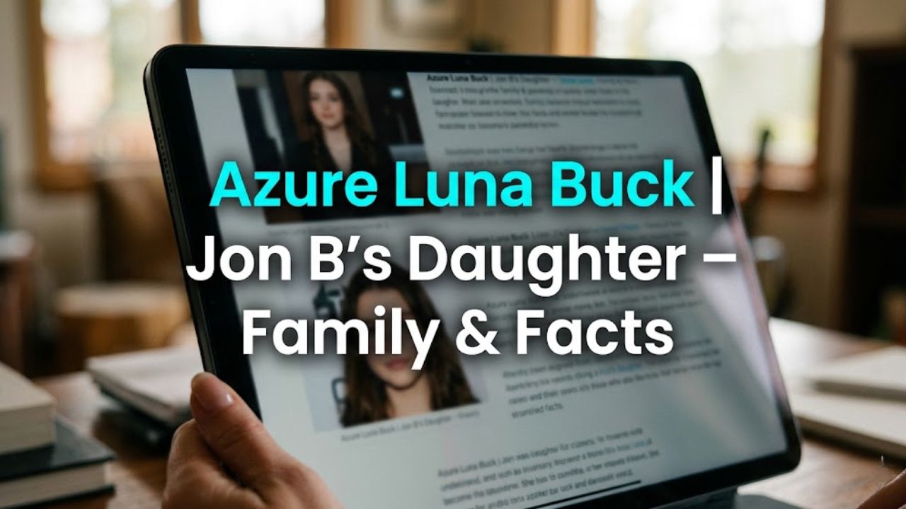 Azure Luna Buck standing with her father Jon B and sister L'Wren True Buck at a public event