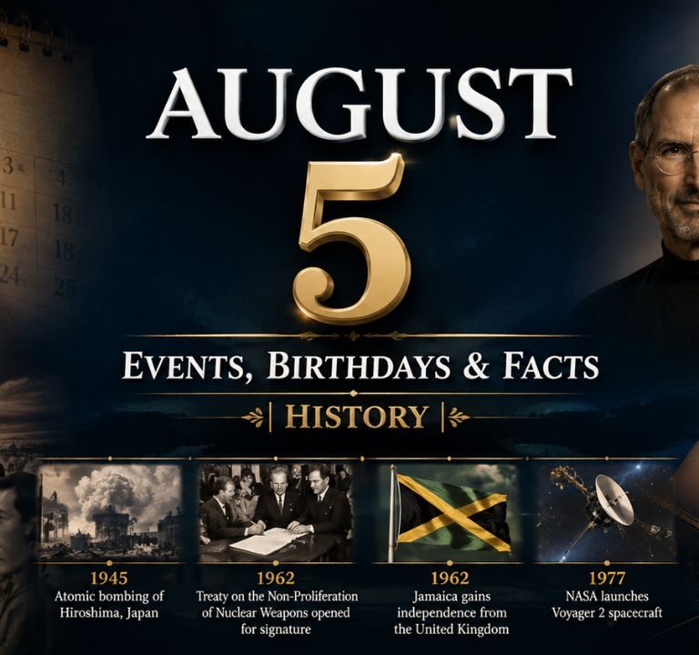 August 5 historical events calendar showing Atlantic telegraph cable and Neil Armstrong birthday