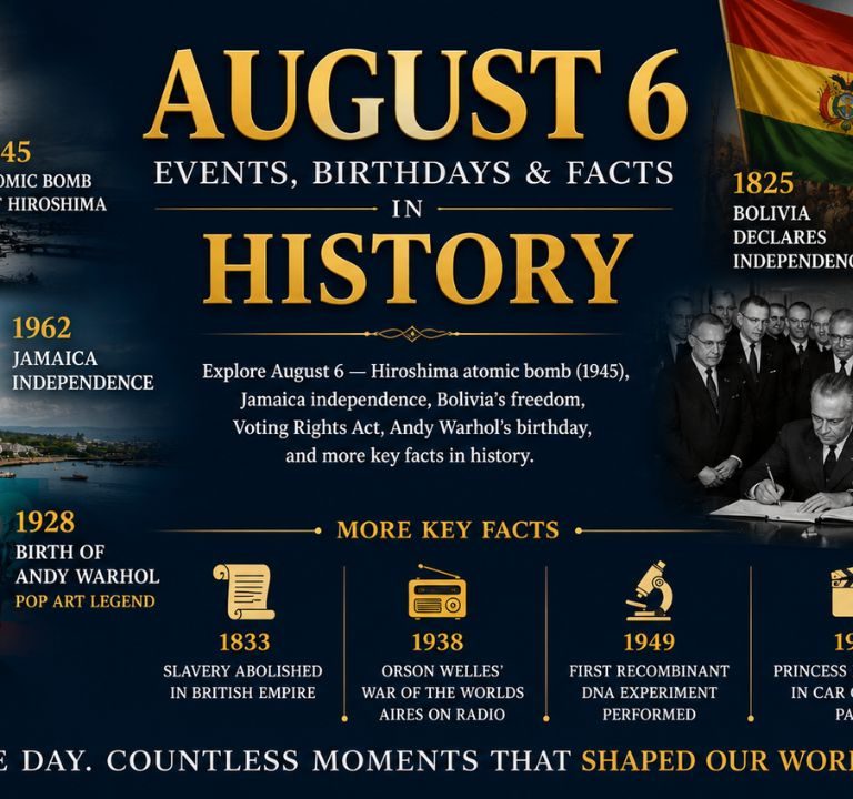 August 6 historical events calendar showing Hiroshima atomic bombing and Voting Rights Act signing