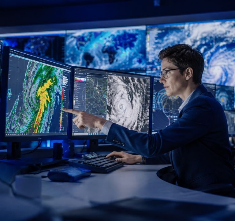 A professional staff weather meteorologist analyzing real-time radar and satellite data at a national weather forecasting operations center