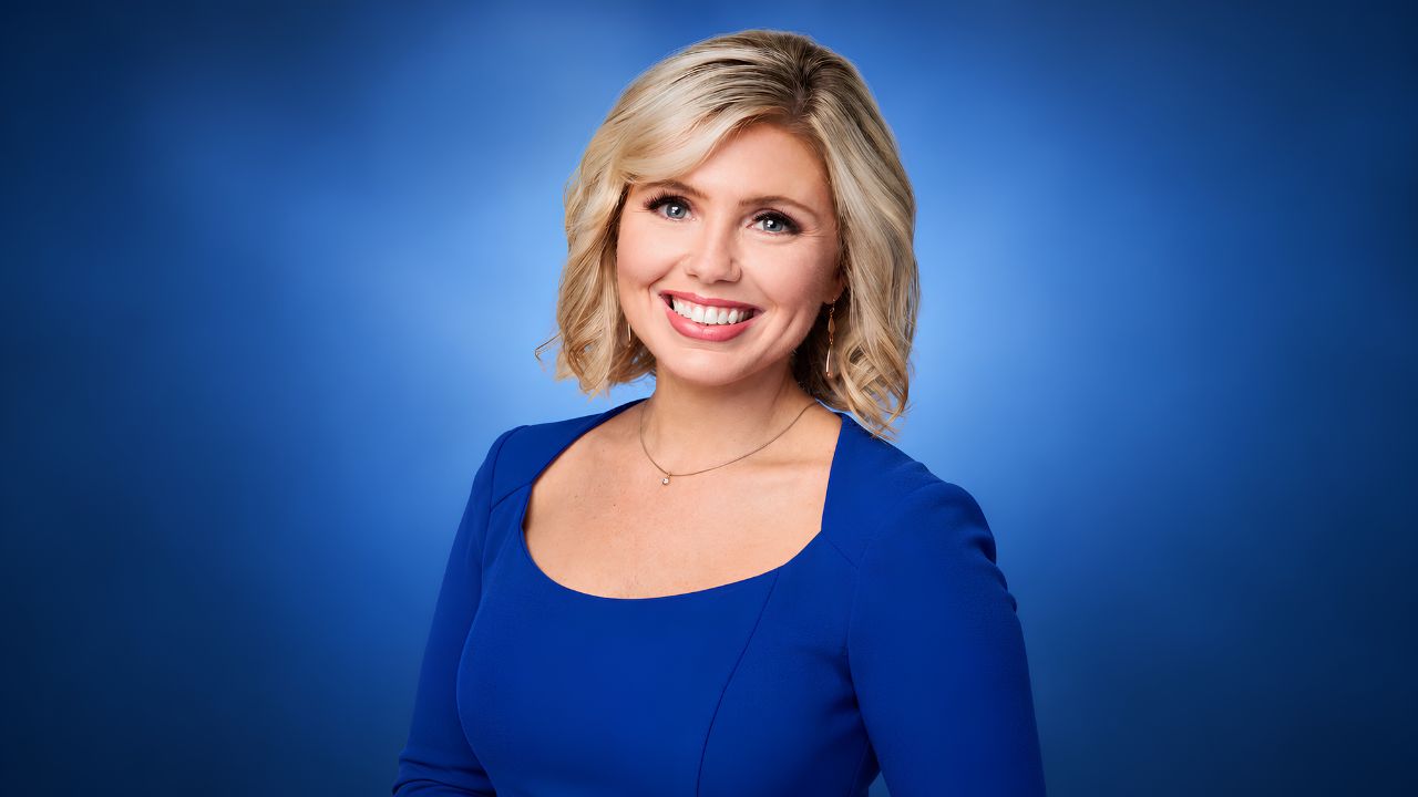 Cassie Heiter, meteorologist at WFAA-TV in Dallas, delivering a weather forecast