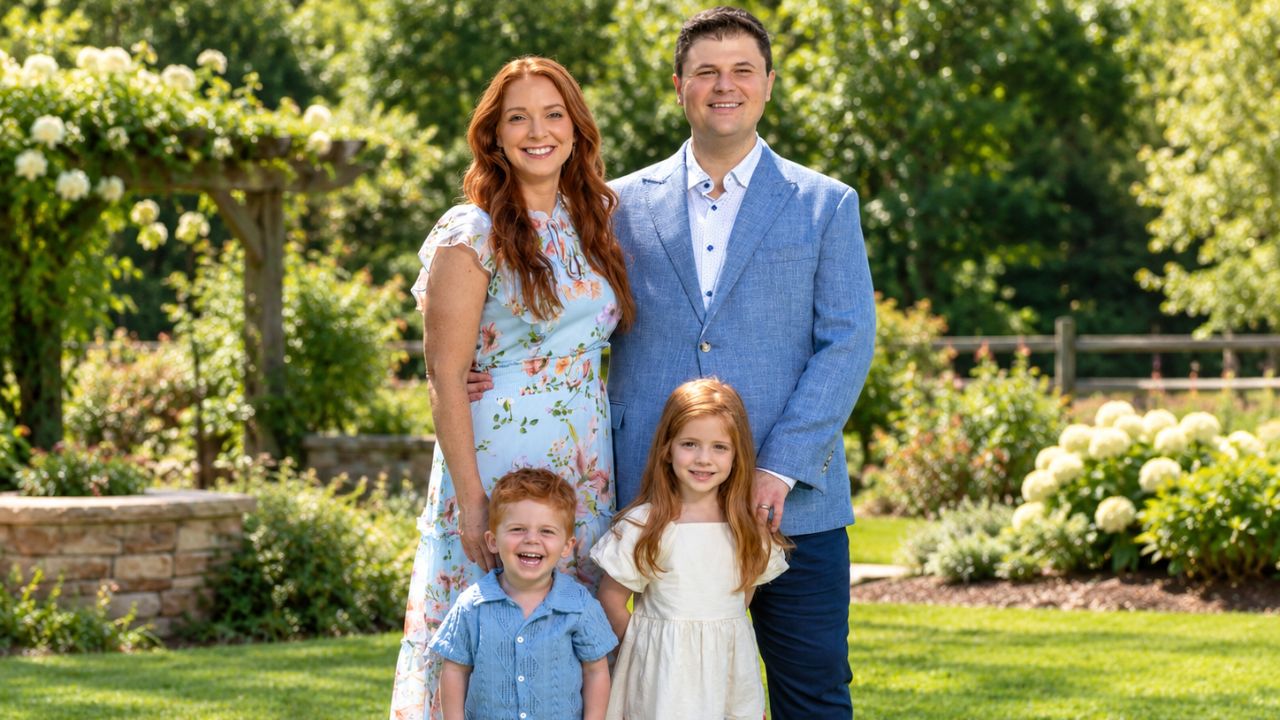 WFAA meteorologist Jesse Hawila posing with his wife Elisabeth and children outdoors in a family portrait